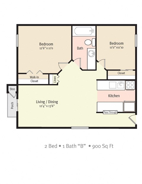 Floor plan for 2 beds, 1 bath, 900 sqft